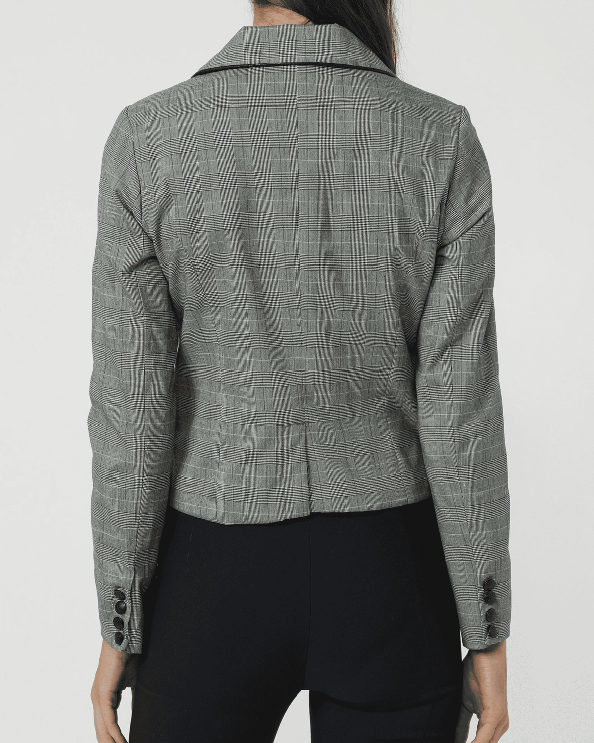 Blazer mujer entallado cuadros americanos saco chaqueta elegante, corte clásico, solapa formal, tejido ligero y suave, manga larga, bolsillo falso, gris, talla L, look oficina evento formal femenino ✅Entrega 24/48h