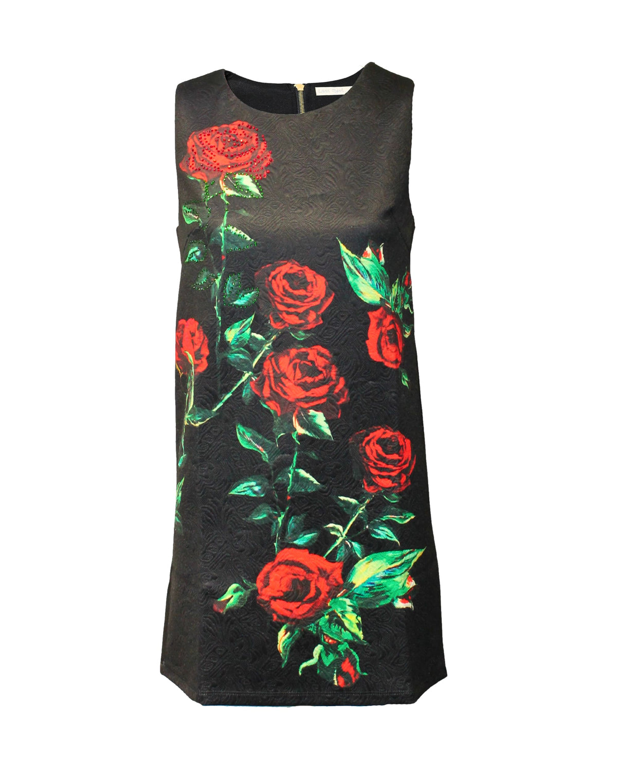Vestido recto floral mujer dress outfit elegante texturizado sin mangas cuello redondo forro integrado cremallera espalda estampado rosa talla S cómodo versátil y moderno negro ✅Entrega 24/48h