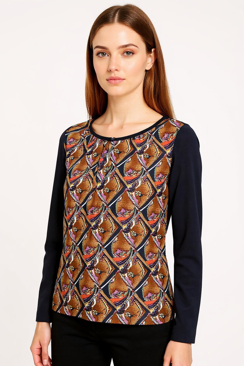 Blusa mujer manga larga retro, camisa top lazo frontal, diseño estampado geométrico, tela ligera, elegante, cómoda, ideal oficina o casual. Color marrón/azul. Talla 38 disponible. ✅Entrega 24/48h