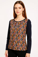 Blusa mujer manga larga retro, camisa top lazo frontal, diseño estampado geométrico, tela ligera, elegante, cómoda, ideal oficina o casual. Color marrón/azul. Talla 38 disponible. ✅Entrega 24/48h