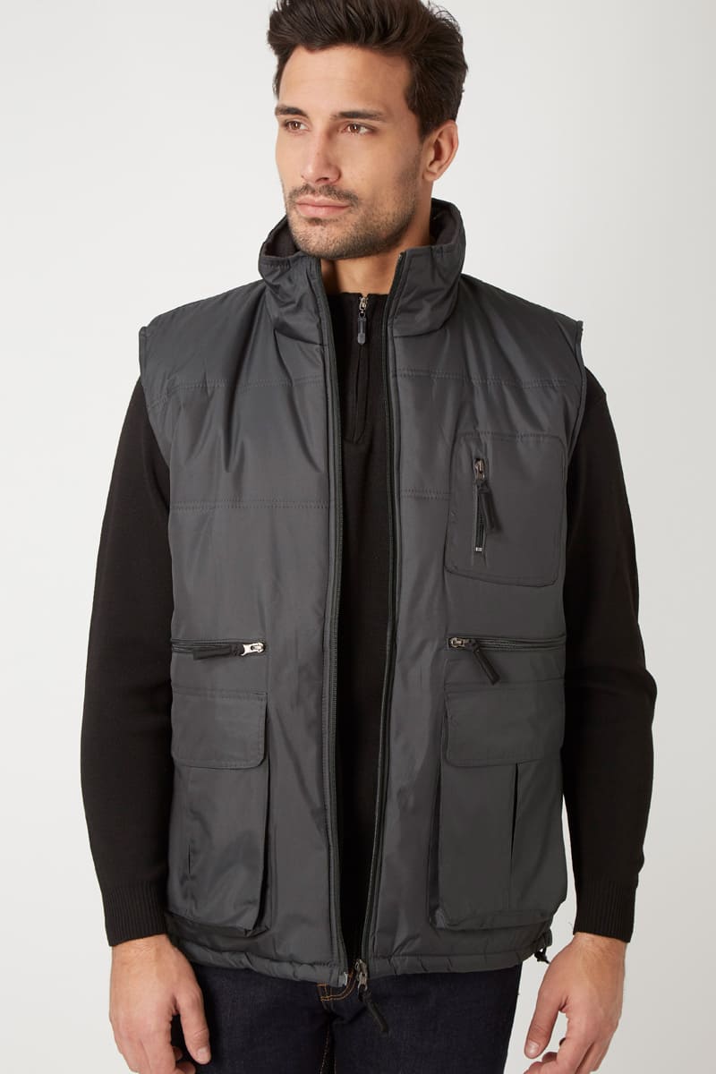 Chaleco acolchado impermeable hombre, vest acolchado ligero, diseño moderno, bolsillos delanteros cremallera, estilo urbano, color gris oscuro, talla M, abrigo cómodo, fácil combinar, look casual, ✅Entrega 24/48h