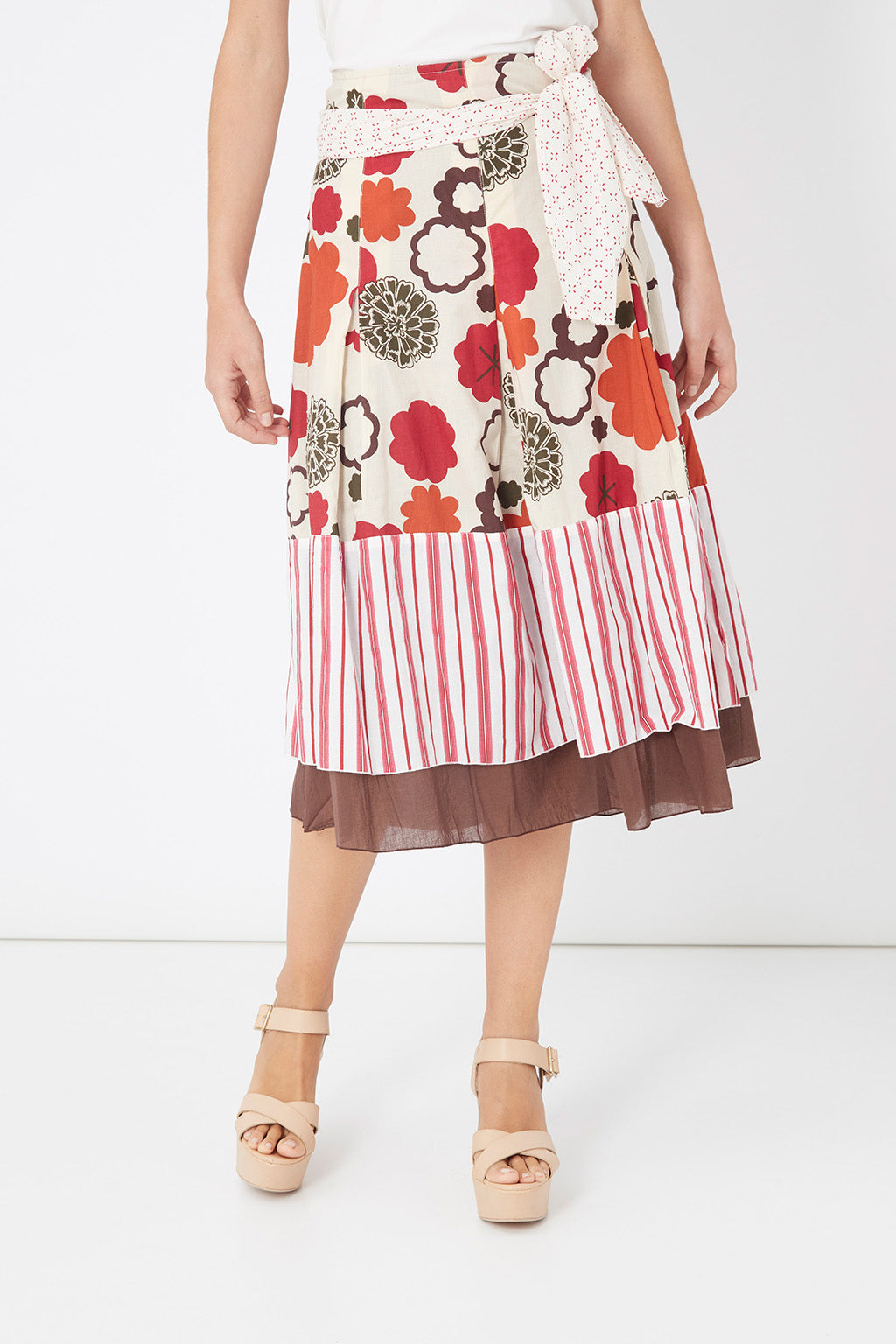 Falda midi mujer, skirt, outfit, estampada flores y rayas, algodón suave, corte fluido, lazo decorativo, multicolor, cálido, talla L, fresca elegante versátil urbana, combina blusas sandalias ✅Entrega 24/48h
