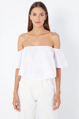 Blusa off shoulder mujer volante blanca, top hombros descubiertos algodón ligero, corte crop casual, aireada y elegante, ideal para verano, disponible talla L, look versátil fresco, combina jeans o falda. ✅Entrega 24/48h
