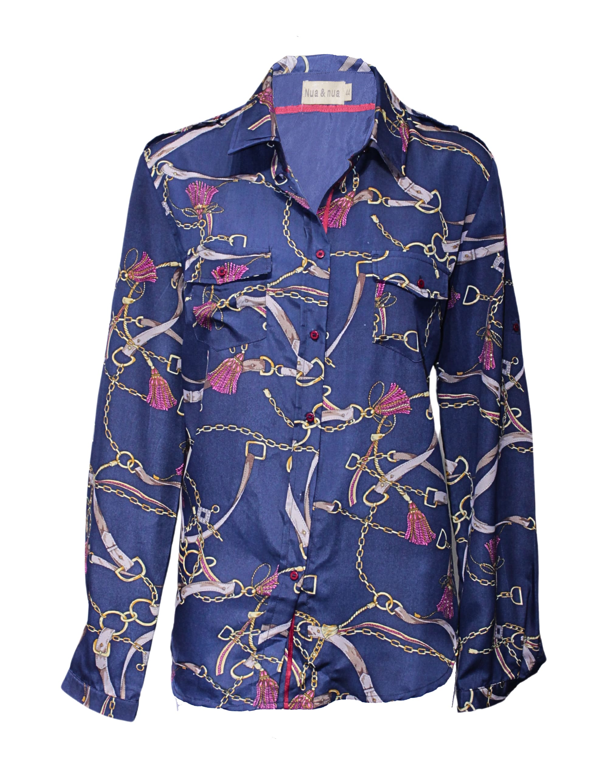 Blusa mujer camisa satinada estampada cadenas bolsillos delanteros trabillas manga larga fluida elegante azul talla 44 cómoda versátil oficina casual ✅Entrega 24/48h