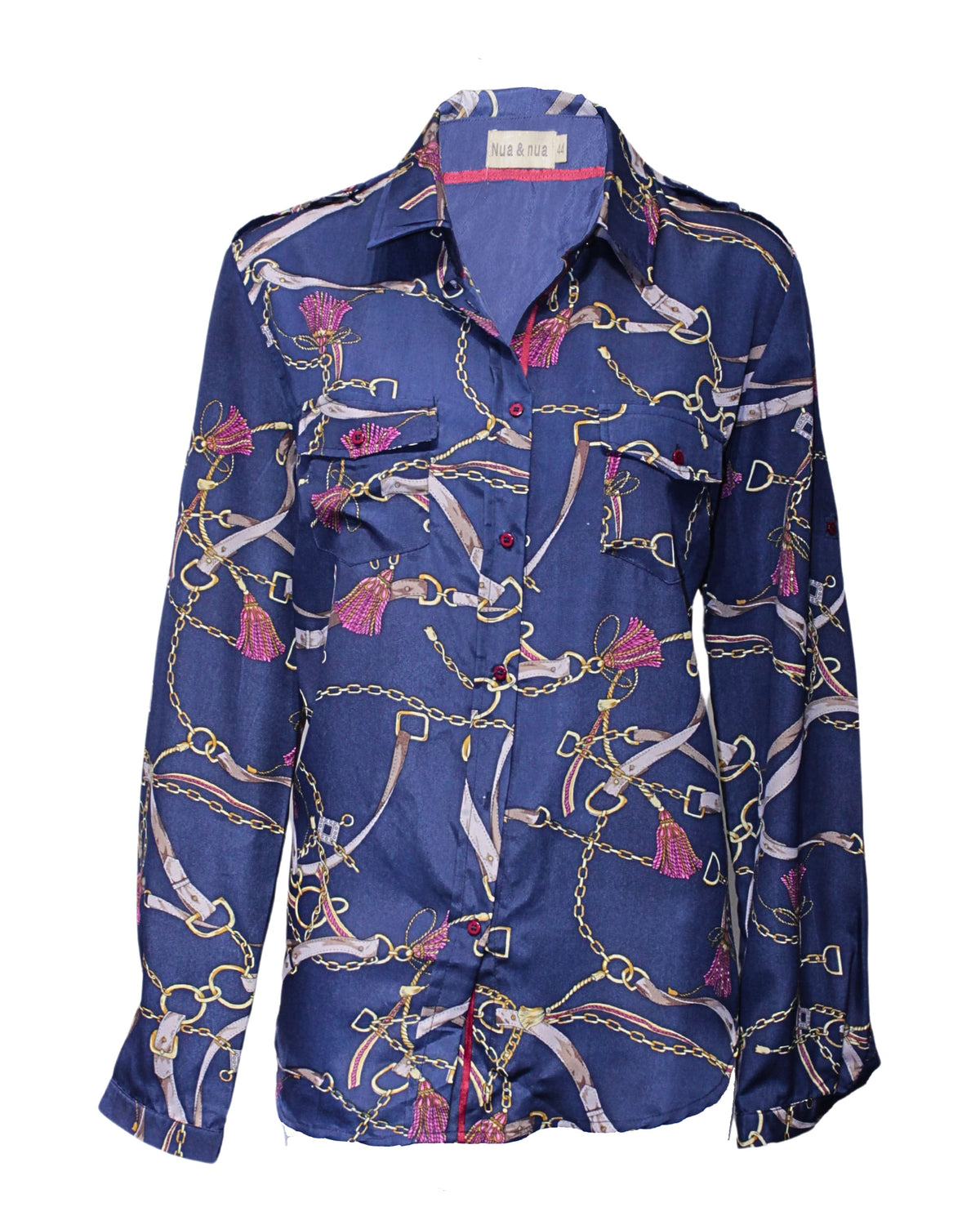 Blusa mujer camisa satinada estampada cadenas bolsillos delanteros trabillas manga larga fluida elegante azul talla 44 cómoda versátil oficina casual ✅Entrega 24/48h