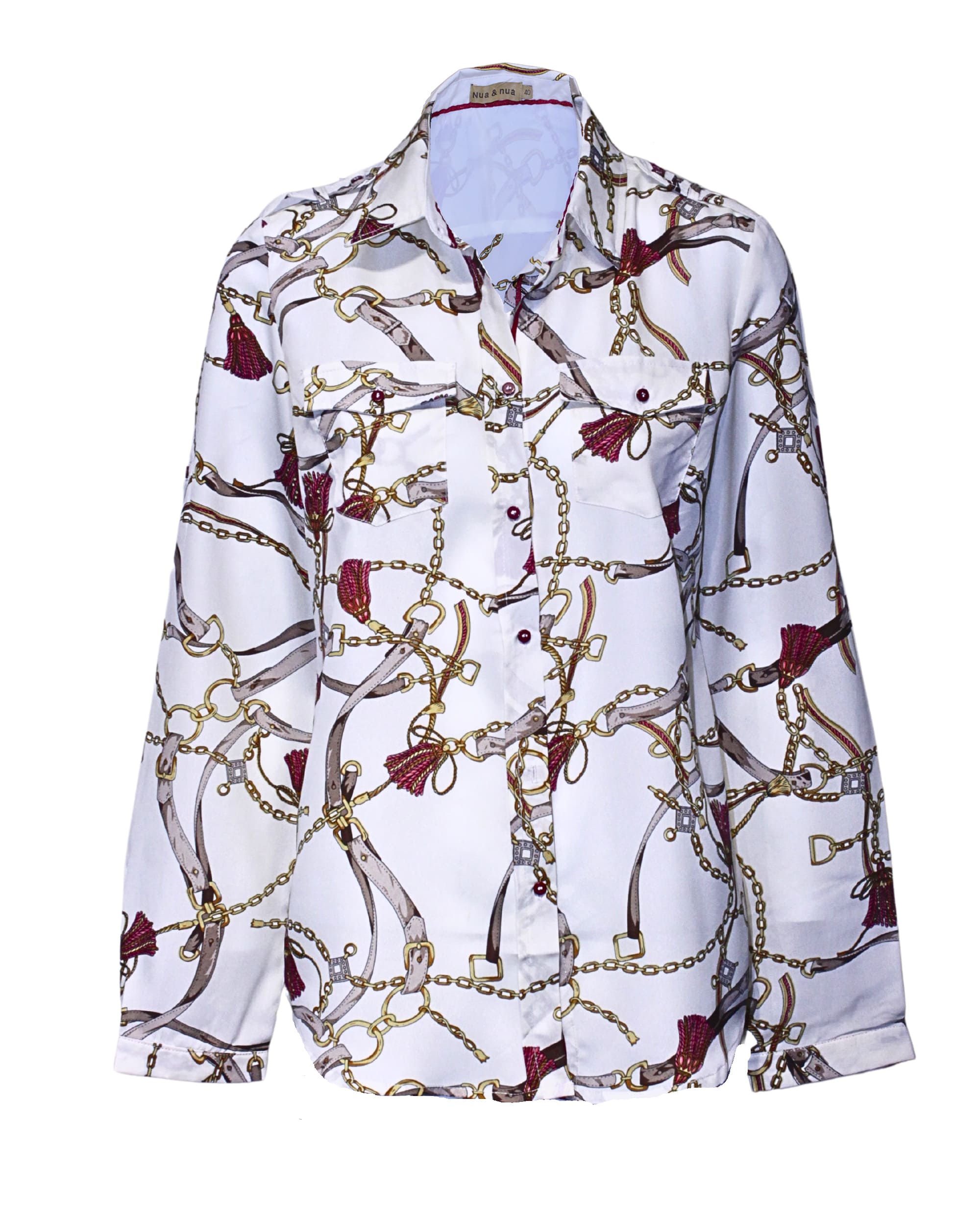 Blusa mujer, camisa satinada, top estampado cadenas, manga larga, cuello clásico, bolsillos delanteros, cierre botones, trabillas hombros, elegante cómoda versátil, talla 40, color beige ✅Entrega 24/48h