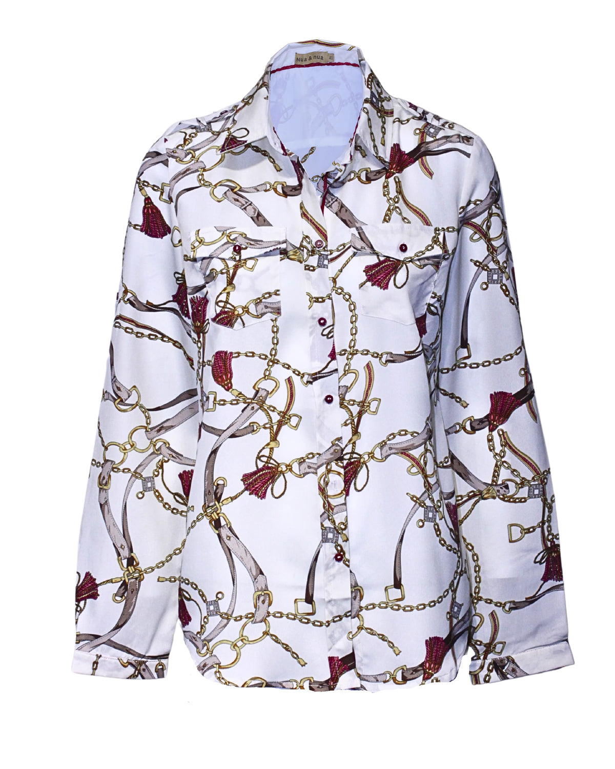 Blusa mujer, camisa satinada, top estampado cadenas, manga larga, cuello clásico, bolsillos delanteros, cierre botones, trabillas hombros, elegante cómoda versátil, talla 40, color beige ✅Entrega 24/48h