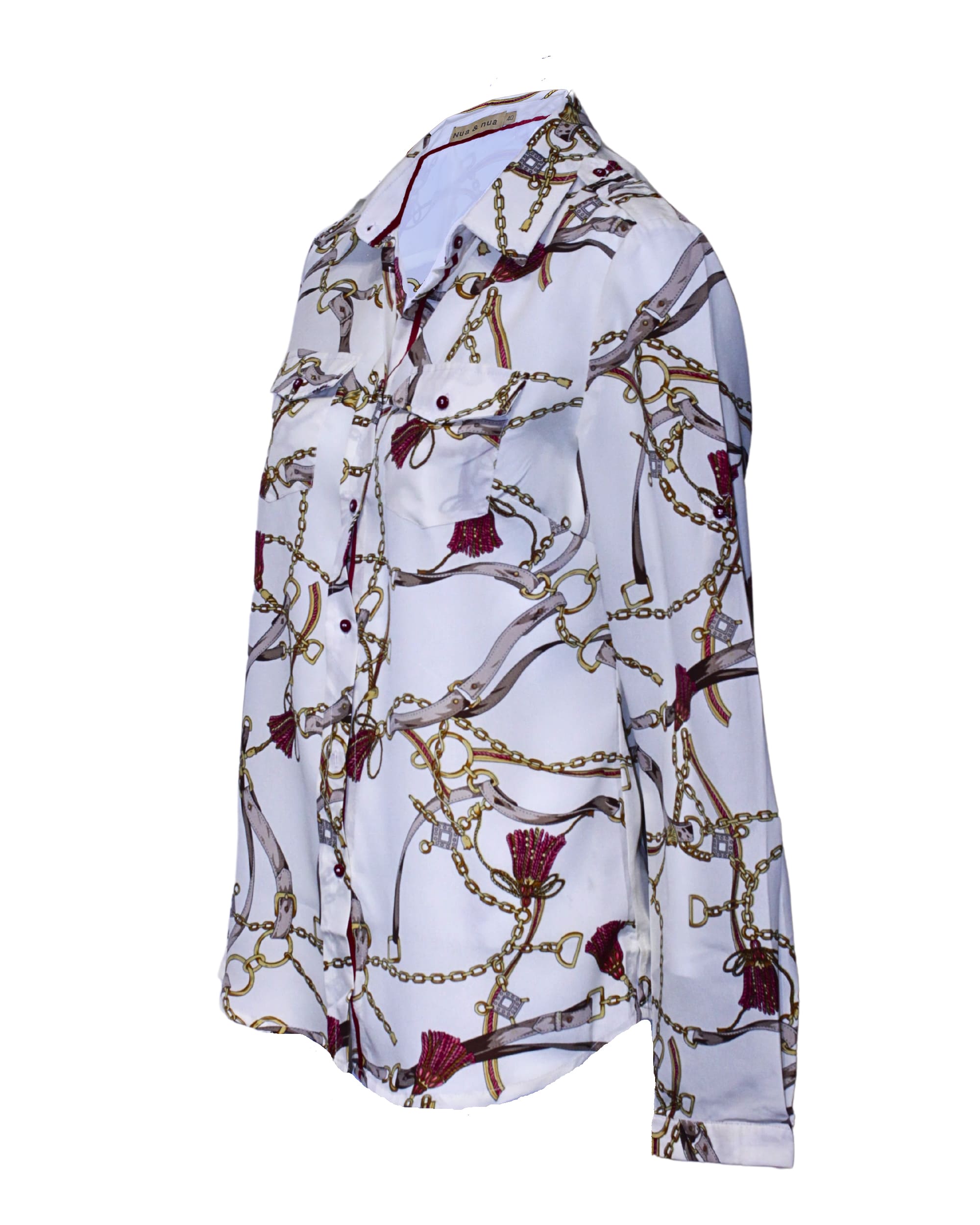Blusa mujer, camisa satinada, top estampado cadenas, manga larga, cuello clásico, bolsillos delanteros, cierre botones, trabillas hombros, elegante cómoda versátil, talla 40, color beige ✅Entrega 24/48h