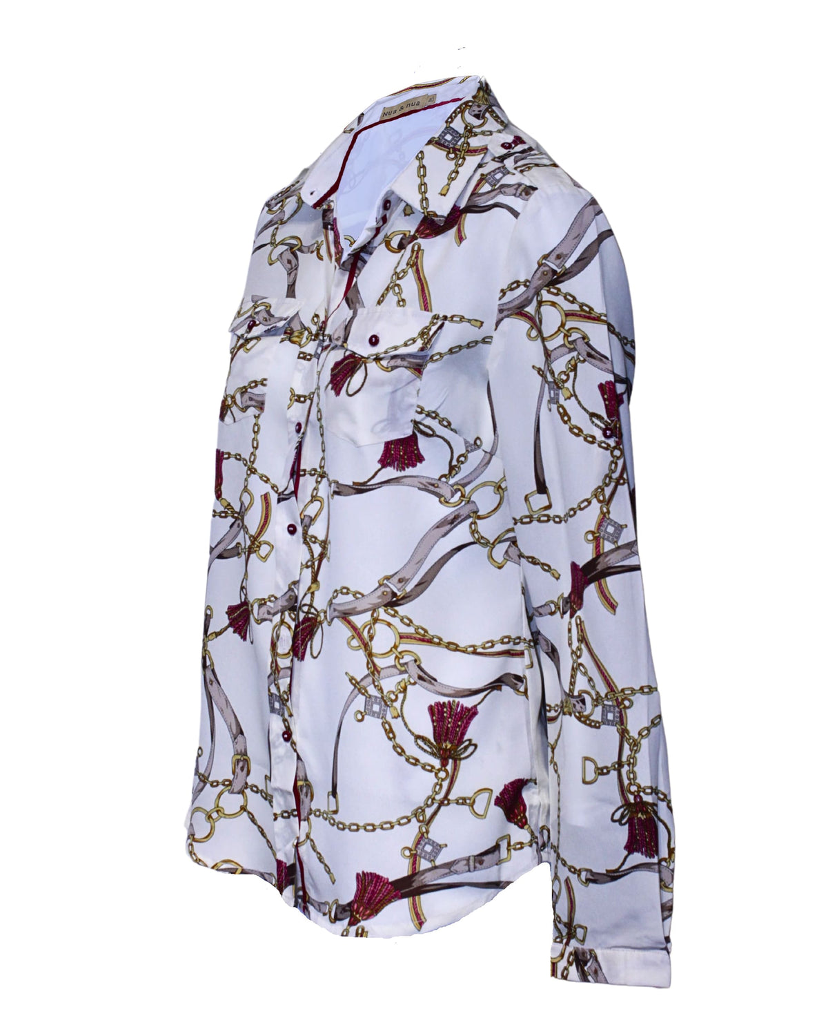 Blusa mujer, camisa satinada, top estampado cadenas, manga larga, cuello clásico, bolsillos delanteros, cierre botones, trabillas hombros, elegante cómoda versátil, talla 40, color beige ✅Entrega 24/48h