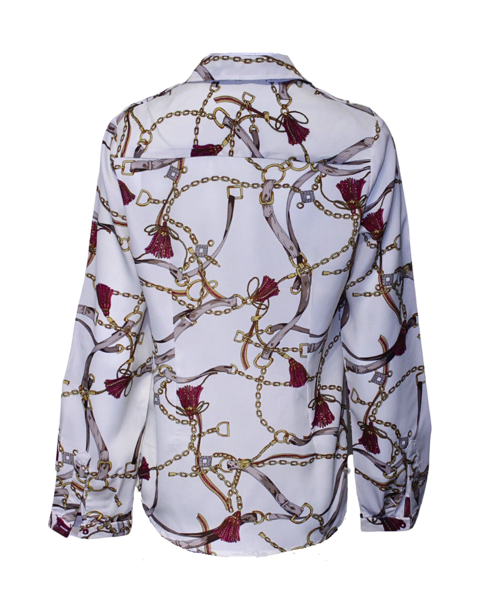 Blusa mujer, camisa satinada, top estampado cadenas, manga larga, cuello clásico, bolsillos delanteros, cierre botones, trabillas hombros, elegante cómoda versátil, talla 40, color beige ✅Entrega 24/48h