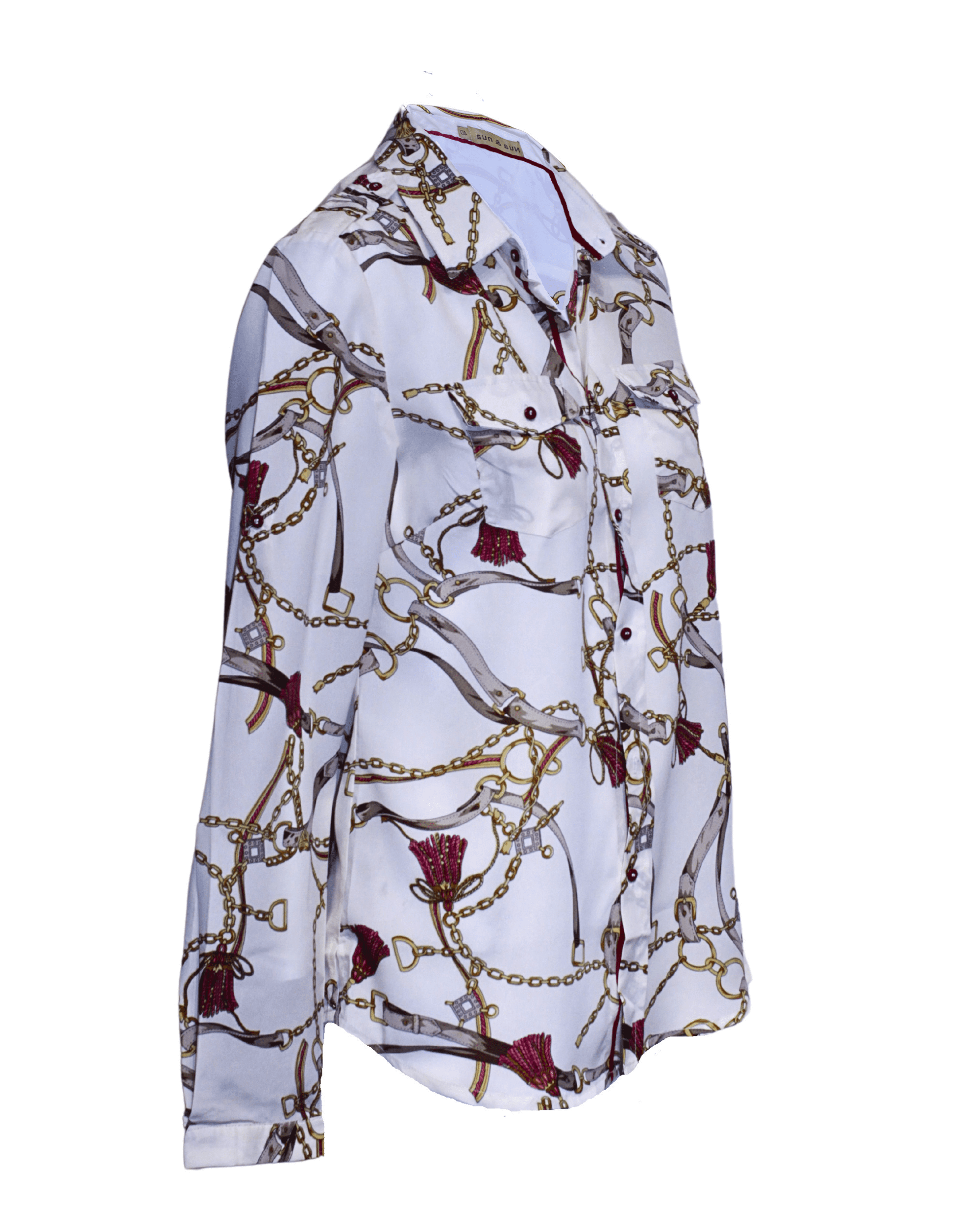 Blusa mujer, camisa satinada, top estampado cadenas, manga larga, cuello clásico, bolsillos delanteros, cierre botones, trabillas hombros, elegante cómoda versátil, talla 40, color beige ✅Entrega 24/48h