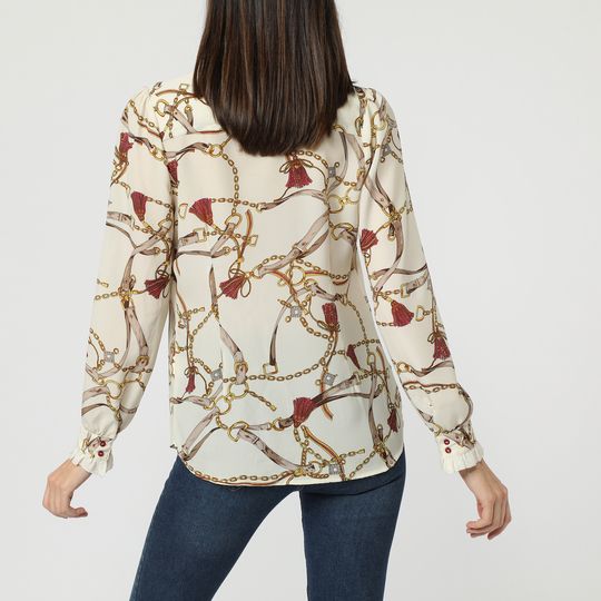 Camisa blusa estampado cadenas mujer, manga larga, cierre botones, decoración canesú, cuello redondo, poliéster elegante, talla 40, versátil oficina y casual, color beige ✅Entrega 24/48h