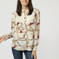 Camisa blusa estampado cadenas mujer, manga larga, cierre botones, decoración canesú, cuello redondo, poliéster elegante, talla 40, versátil oficina y casual, color beige ✅Entrega 24/48h
