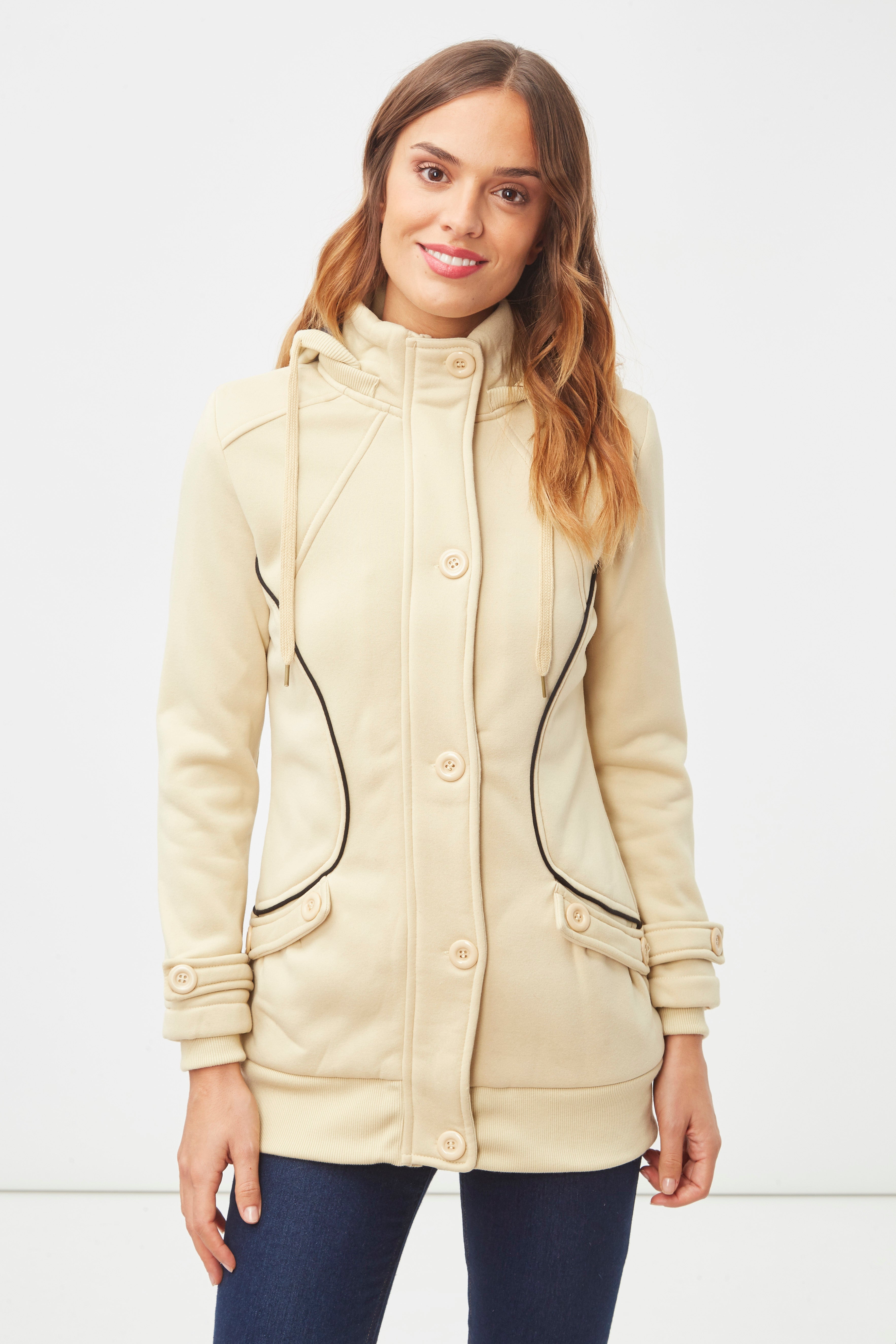 Abrigo largo mujer, coat, chaqueta, diseño urbano elegante, botones frontales, capucha ajustable, corte recto, ligero y cómodo, color beige, talla L, ideal diario oficina, versátil y moderno, ✅Entrega 24/48h