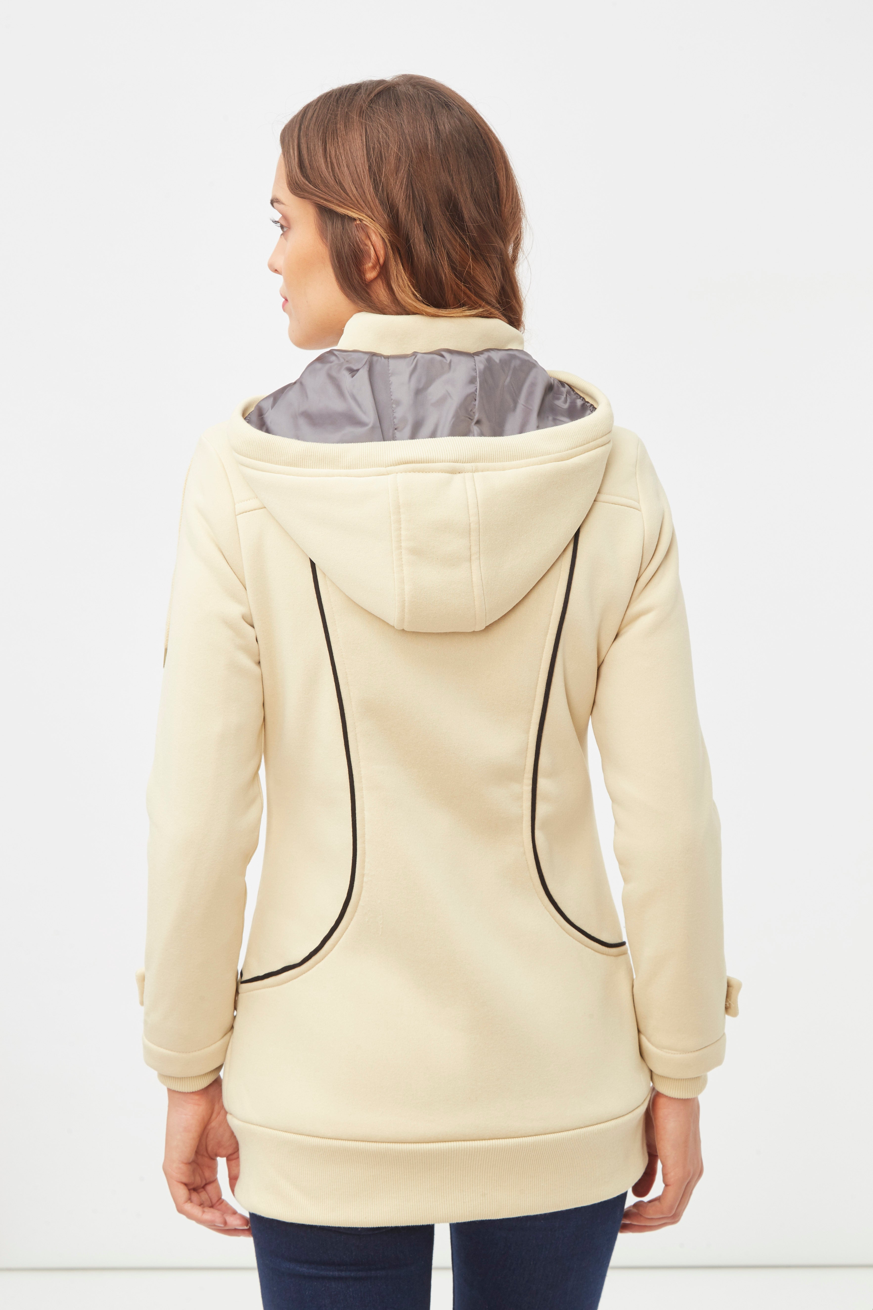 Abrigo largo mujer, coat, chaqueta, diseño urbano elegante, botones frontales, capucha ajustable, corte recto, ligero y cómodo, color beige, talla L, ideal diario oficina, versátil y moderno, ✅Entrega 24/48h
