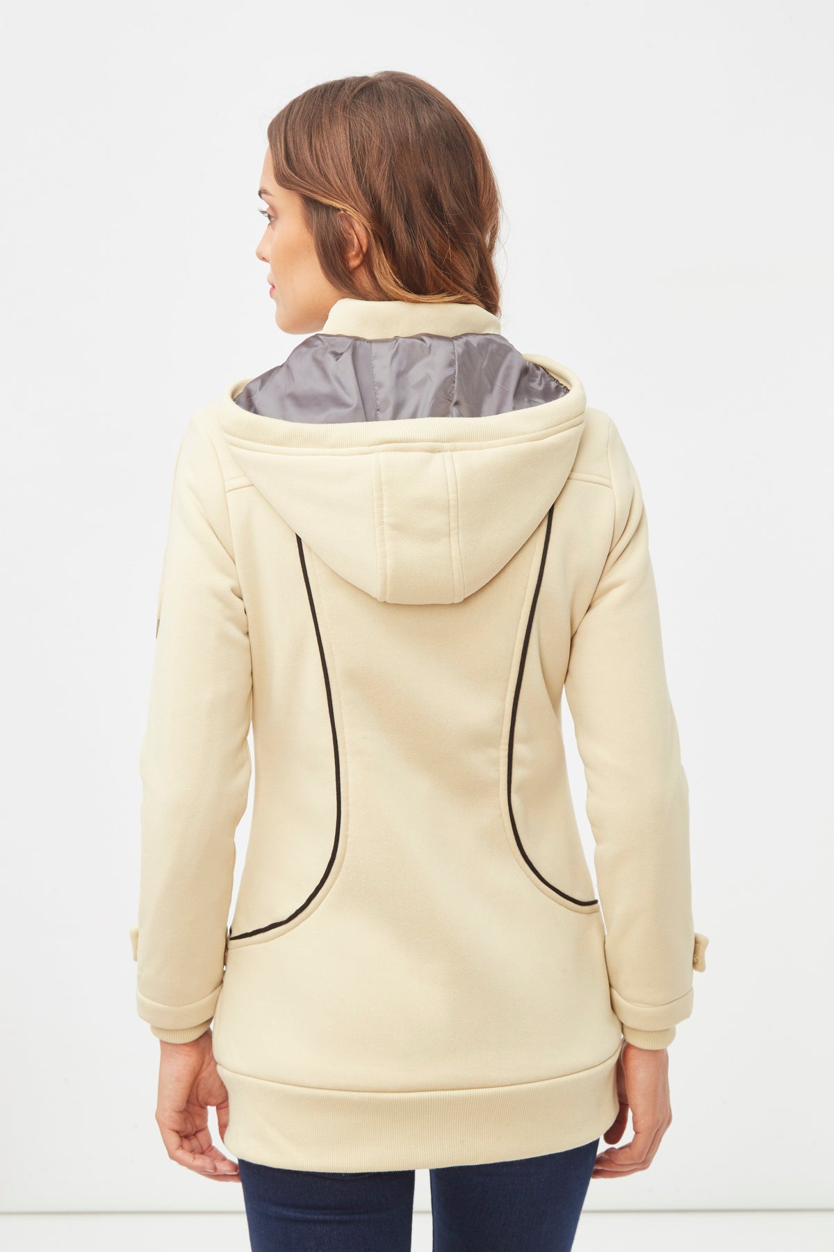Abrigo largo mujer, coat, chaqueta, diseño urbano elegante, botones frontales, capucha ajustable, corte recto, ligero y cómodo, color beige, talla L, ideal diario oficina, versátil y moderno, ✅Entrega 24/48h