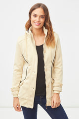 Abrigo largo mujer, coat, chaqueta, diseño urbano elegante, botones frontales, capucha ajustable, corte recto, ligero y cómodo, color beige, talla L, ideal diario oficina, versátil y moderno, ✅Entrega 24/48h