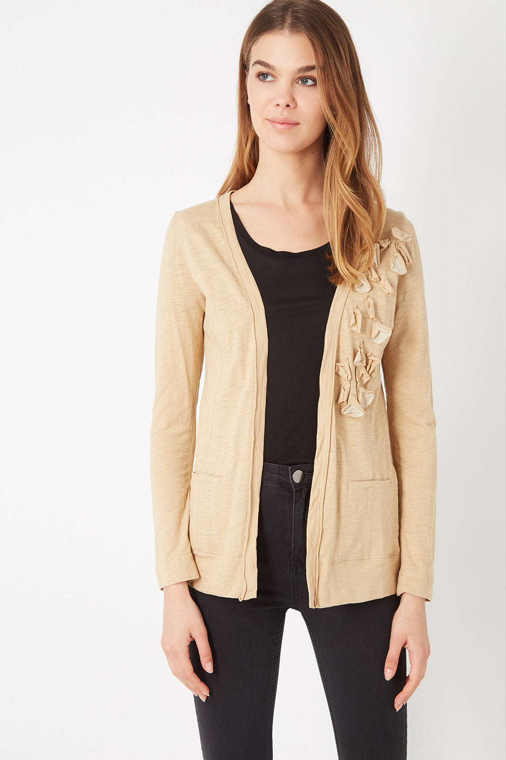 Chaqueta mujer, cardigan, blazer ligera algodón, motivos florales, cuello redondo, manga larga, bolsillos delanteros, color beige, talla L, cómoda, versátil, ideal entretiempo ✅Entrega 24/48h