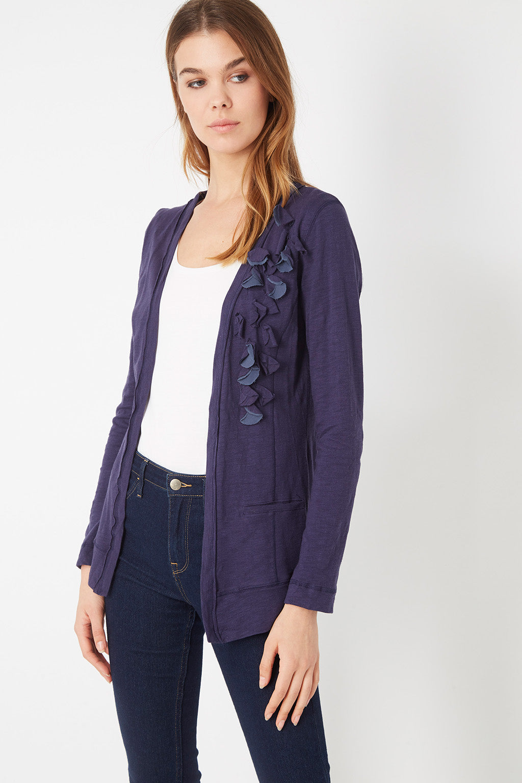 Chaqueta mujer algodón, jersey cardigan manga larga, bolsillos delanteros, motivos decorativos, cuello redondo, azul oscuro, talla L, cómoda, versátil, ideal entretiempo, fácil de combinar ✅Entrega 24/48h