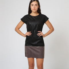 Vestido recto mujer, dress corto elegante, modelo Anany OM9020, tejido bicolor negro marrón, diseño cómodo, dos bolsillos laterales, manga corta, talla 36, estilo moderno, versátil ✅Entrega 24/48h