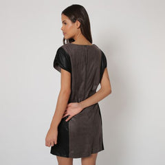 Vestido vestido corto dress outfit Anany OM9021 brillante marrón-negro manga corta cuello redondo bolsillos delanteros cierre cremallera trasera talla 36 cómodo versátil moderno femenino ✅Entrega 24/48h