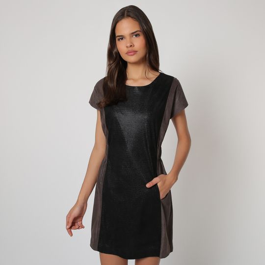 Vestido mujer brillante manga corta dress outfit corto cuello redondo bolsillos delanteros modelo Anany OM9021 cierre cremallera trasera color negro talla 36 cómodo y elegante ✅Entrega 24/48h