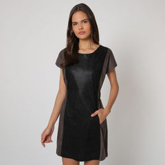 Vestido mujer brillante manga corta dress outfit corto cuello redondo bolsillos delanteros modelo Anany OM9021 cierre cremallera trasera color negro talla 36 cómodo y elegante ✅Entrega 24/48h