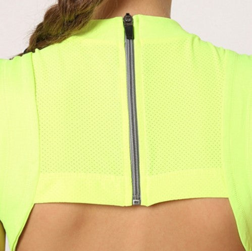 Top deportivo mujer sin mangas crop, gym bra, cuello redondo, cierre cremallera trasero, mesh transpirable, abertura posterior, cómodo, versátil, moderno, color amarillo, talla L ✅Entrega 24/48h