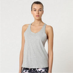 Camiseta mujer tirantes sin mangas camiseta deportiva top gym running tejido ligero cuello redondo espalda nadadora detalle trenzado jaspeado gris talla L cómoda versátil transpirable fitness ✅Entrega 24/48h