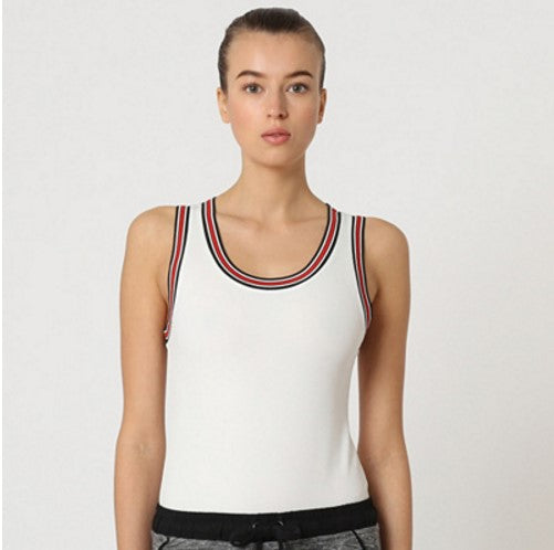 Top Deportivo Mujer, Blusa Sin Mangas, Cuello Redondo, Ribete Rayas, Estilo Casual Urbano, Tejido Suave, Ajuste Cómodo, Color Blanco, Talla L, Ideal Entrenamiento Y Looks Diarios ✅Entrega 24/48h
