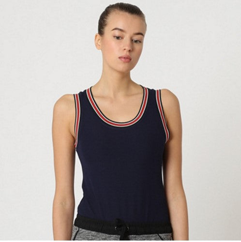 Top deportivo mujer, blusa sin mangas, ribete rayas, cuello redondo, estilo casual, color azul marino, talla L, cómodo, versátil, ideal looks urbanos, combina jeans o faldas, para verano o entrenamiento ✅Entrega 24/48h