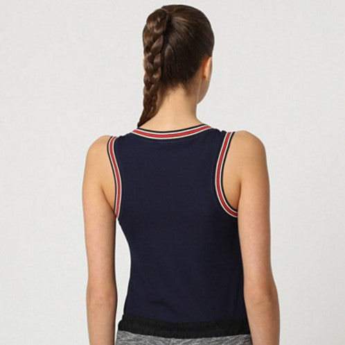 Top deportivo mujer, blusa sin mangas, ribete rayas, cuello redondo, estilo casual, color azul marino, talla L, cómodo, versátil, ideal looks urbanos, combina jeans o faldas, para verano o entrenamiento ✅Entrega 24/48h