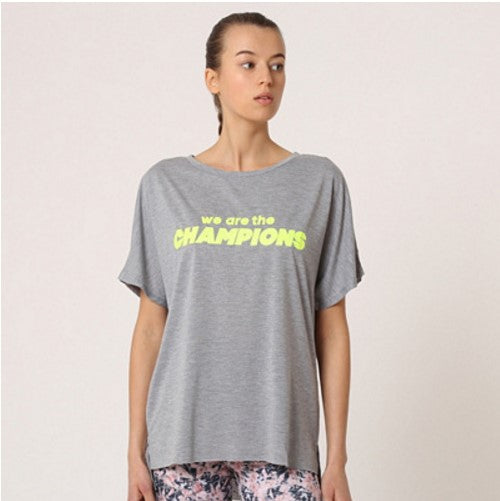 Camiseta mujer, t-shirt, gymwear, Gym&Soul P40163, algodón, manga corta, cuello redondo, estampado delantero 'We are the Champions', corte recto, estilo casual, color gris, talla L, cómoda, versátil, ✅Entrega 24/48h