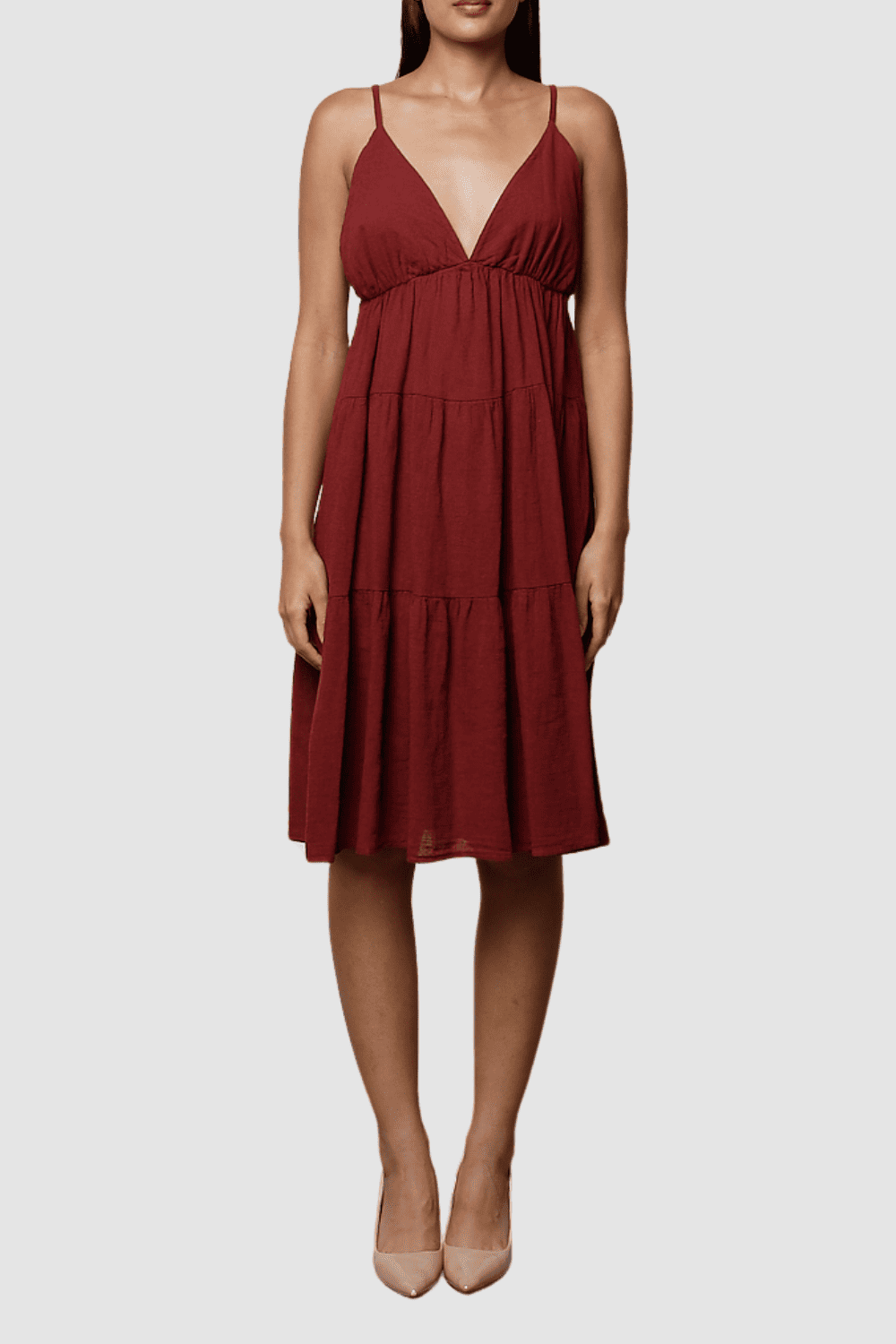 Vestido mujer tirantes ajustables, dress vuelo capas frescas, escote pico realza torso, corte sobre rodilla, ideal verano, cómodo, elegante, color burdeos, talla única, outfit versátil ✅Entrega 24/48h