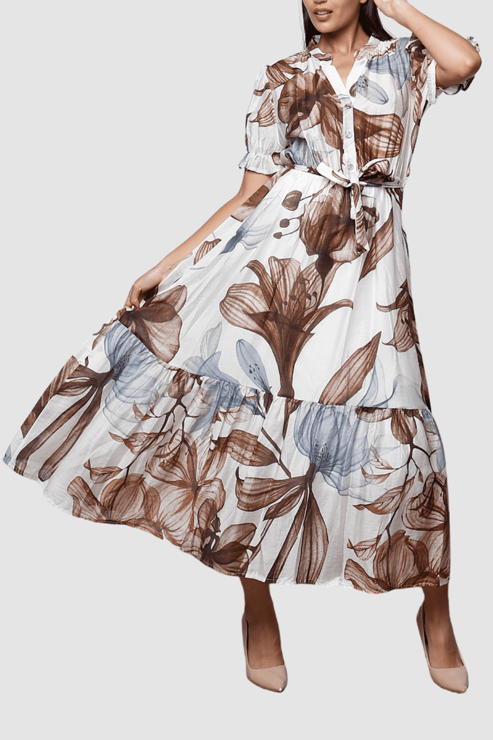 Vestido midi largo floral, dress elegante, tela ligera, manga corta, cinturón ajustable, corte midi, estilo casual chic, estampado marrón azul, talla única, cómodo, versátil, ideal eventos urbanos ✅Entrega 24/48h