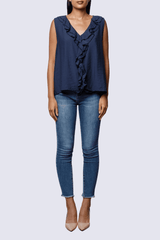 Blusa mujer sin mangas volantes elegante fresca, top fluido cuello V, ideal oficina outfit casual, color azul marino talla S, ligera, fácil de combinar, moderna y sofisticada ✅Entrega 24/48h