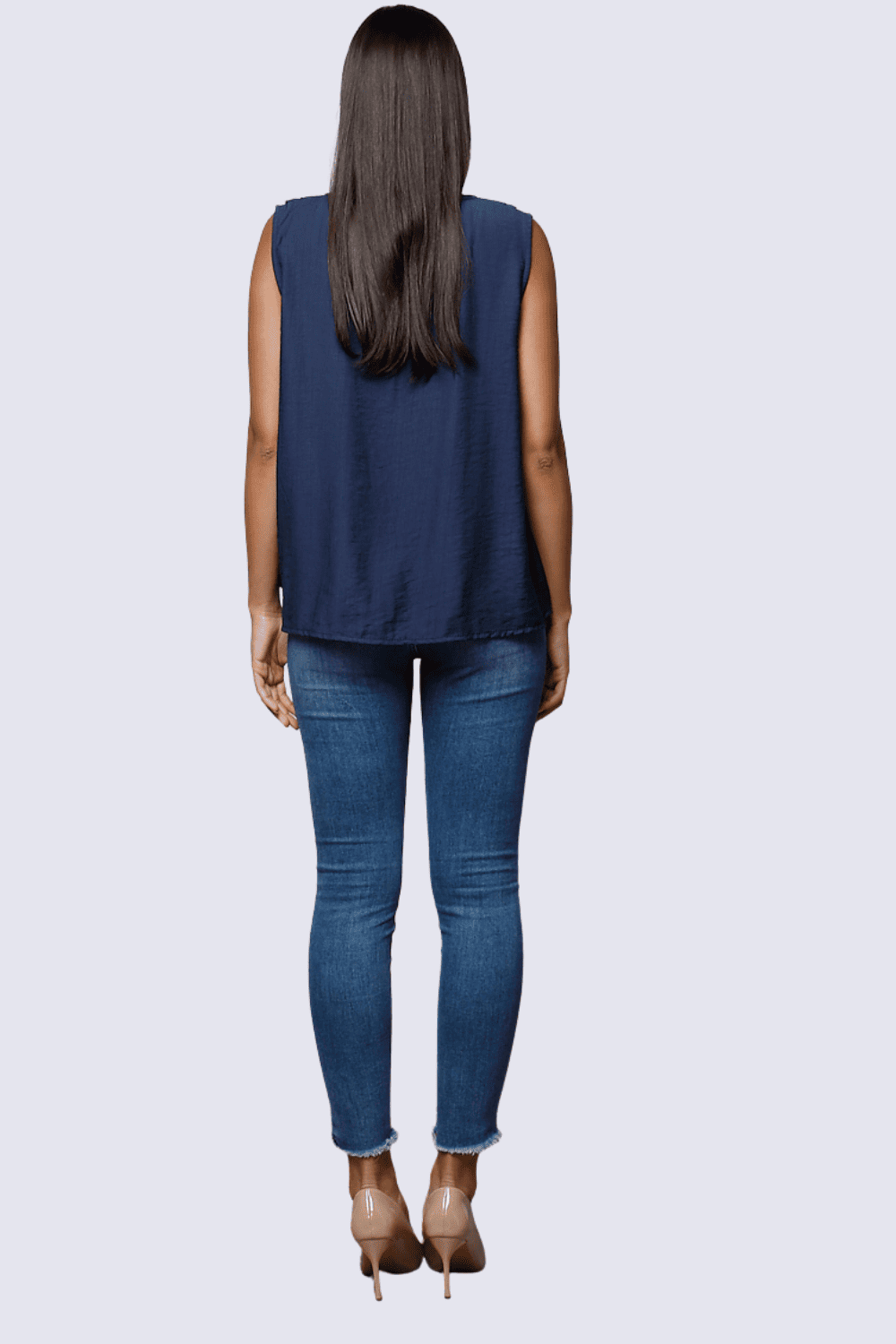 Blusa mujer sin mangas volantes elegante fresca, top fluido cuello V, ideal oficina outfit casual, color azul marino talla S, ligera, fácil de combinar, moderna y sofisticada ✅Entrega 24/48h