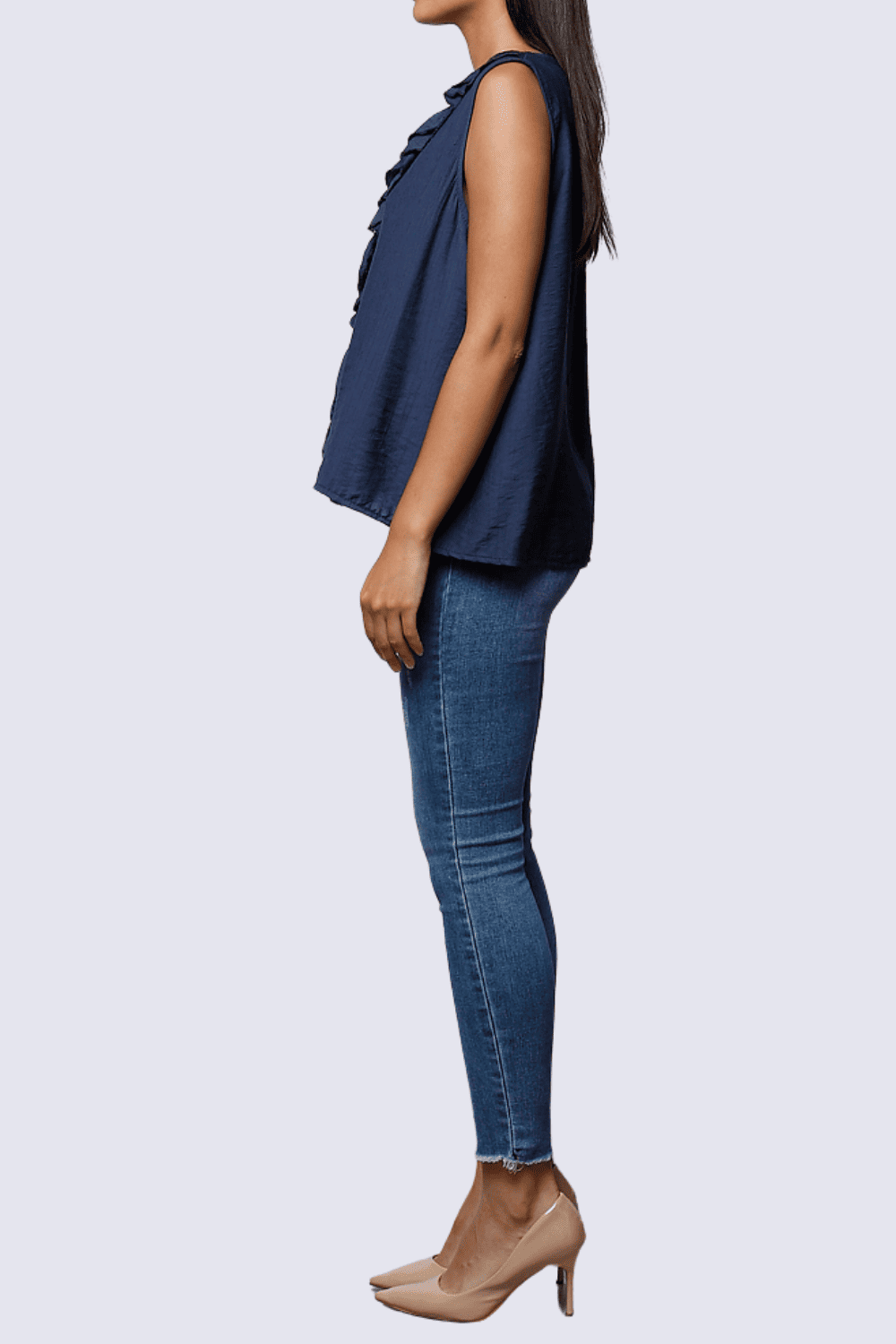 Blusa mujer sin mangas volantes elegante fresca, top fluido cuello V, ideal oficina outfit casual, color azul marino talla S, ligera, fácil de combinar, moderna y sofisticada ✅Entrega 24/48h
