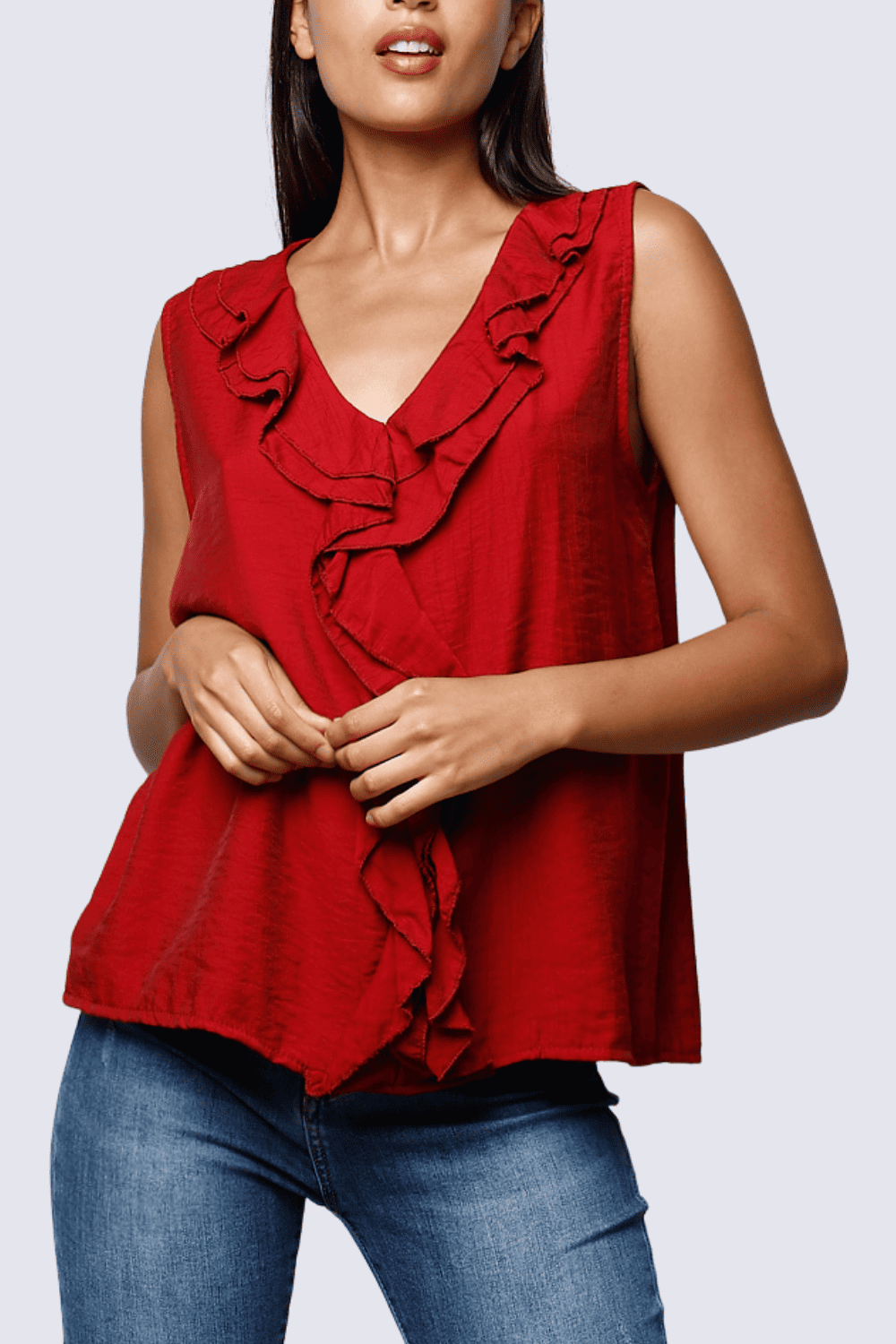 Blusa mujer sin mangas top volantes escote V, diseño fluido, ligera, fresca, elegante y versátil, ideal oficina y casual, favorece siluetas, temporada 2024, color rojo, talla S, ✅Entrega 24/48h