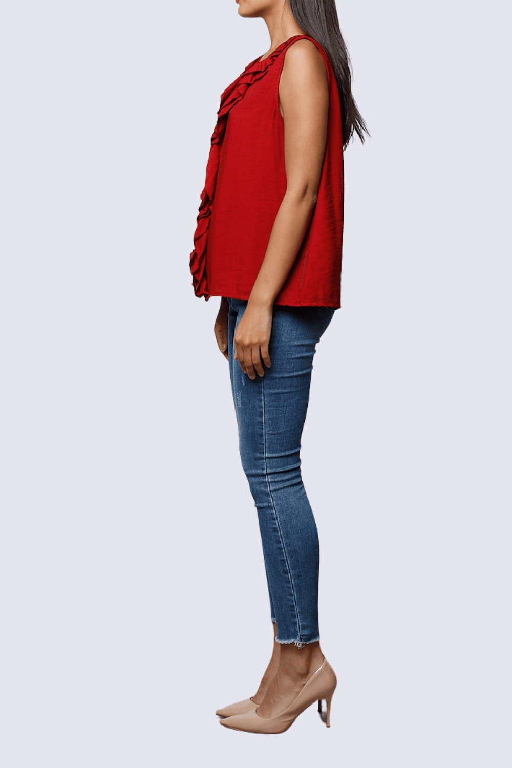 Blusa mujer sin mangas top volantes escote V, diseño fluido, ligera, fresca, elegante y versátil, ideal oficina y casual, favorece siluetas, temporada 2024, color rojo, talla S, ✅Entrega 24/48h