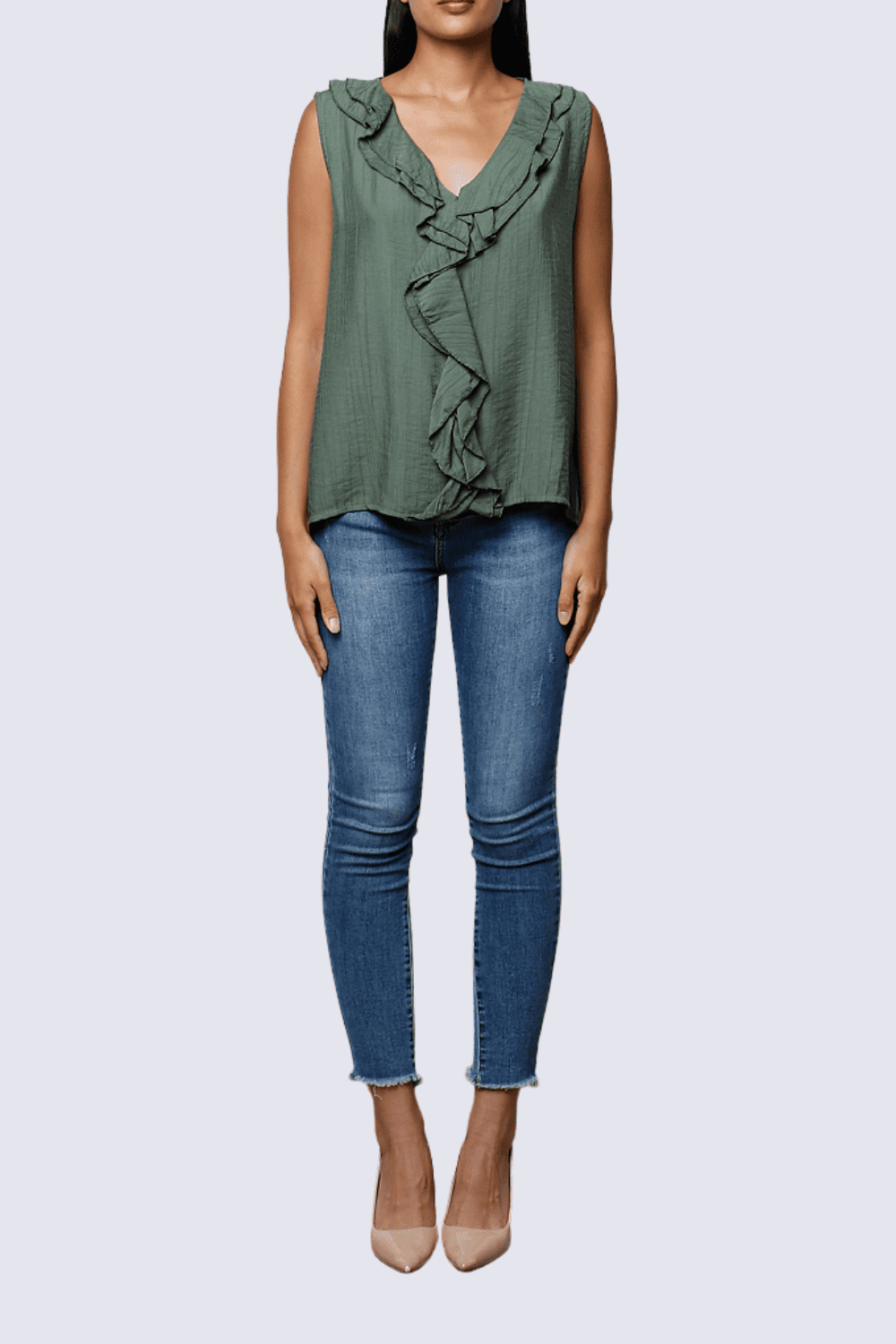 Blusa sin mangas mujer, top fluido volantes, escote en V, ligera, fresca, look casual y oficina, elegante y versátil, talla S, color verde, ajuste cómodo, prenda primavera verano ✅Entrega 24/48h