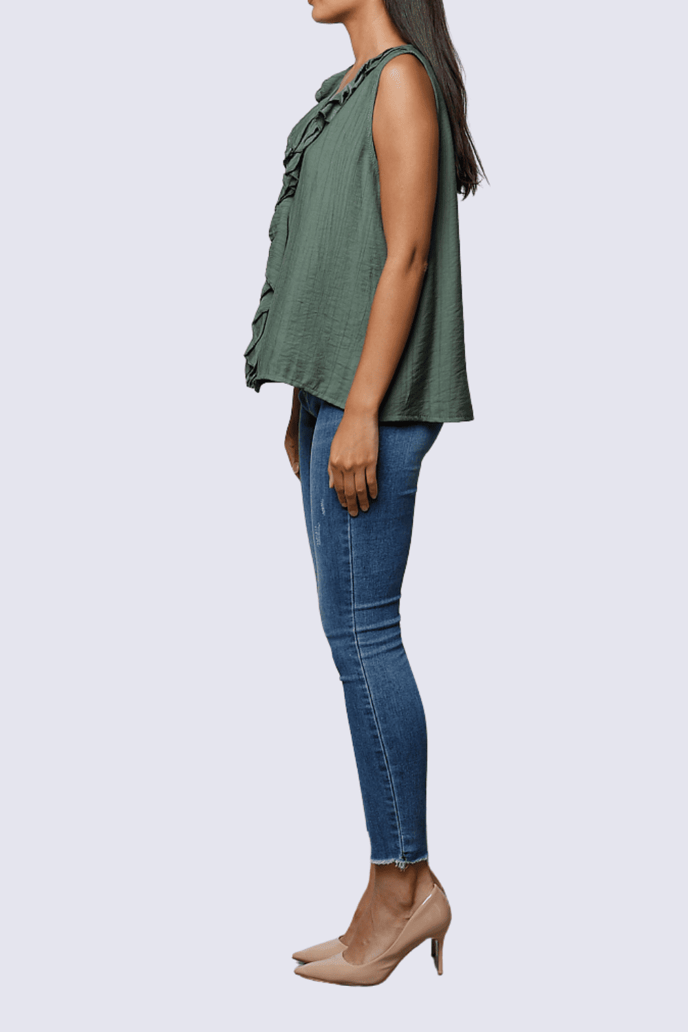 Blusa sin mangas mujer, top fluido volantes, escote en V, ligera, fresca, look casual y oficina, elegante y versátil, talla S, color verde, ajuste cómodo, prenda primavera verano ✅Entrega 24/48h