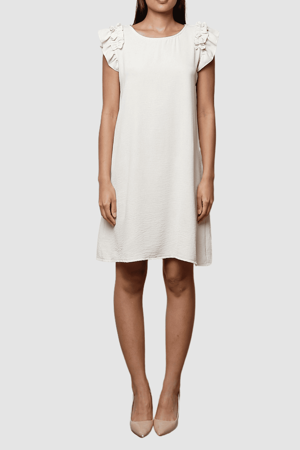 Vestido mujer liso blanco volante hombros dress outfit cuello redondo manga corta frescura comodidad poliéster TU casual elegante cómodo moderno femenino hasta rodilla ✅Entrega 24/48h