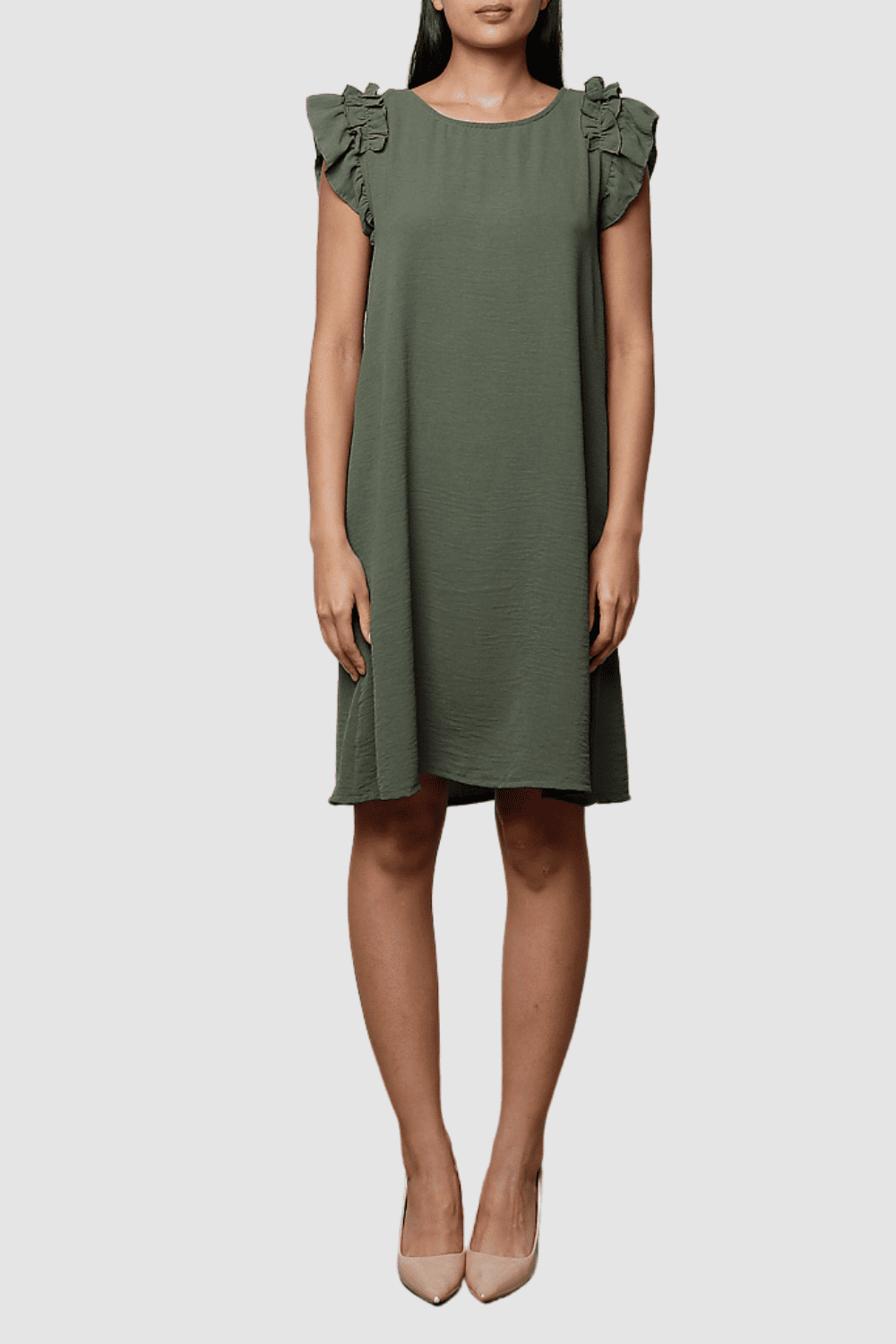 Vestido mujer liso dress volantes en hombro diseño recto corte hasta rodilla manga corta cuello redondo poliéster verde TU cómodo versátil moderno elegante outfit diario y eventos ✅Entrega 24/48h