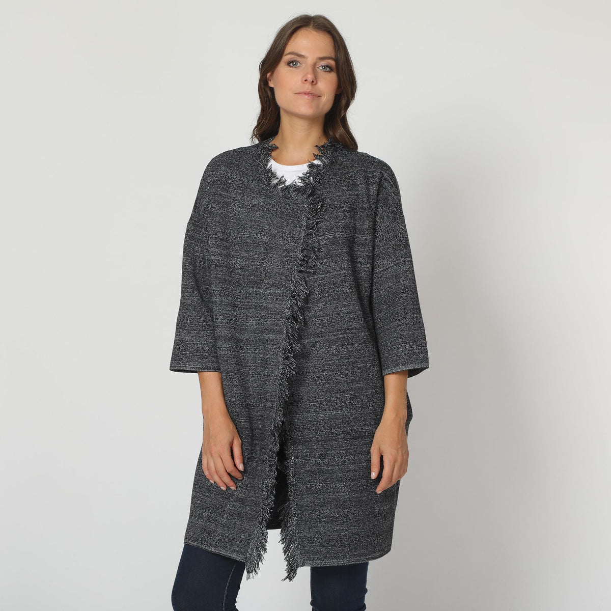 Chaqueta mujer larga cruzada abrigo cardigan lana mixta manga 3/4 bolsillos laterales diseño flecos estilo casual talla única gris versátil cómodo elegante moderna streetstyle otoño invierno ✅Entrega 24/48h