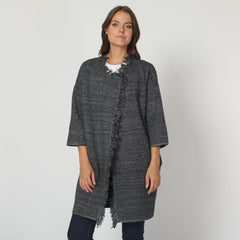 Chaqueta mujer larga cruzada abrigo cardigan lana mixta manga 3/4 bolsillos laterales diseño flecos estilo casual talla única gris versátil cómodo elegante moderna streetstyle otoño invierno ✅Entrega 24/48h