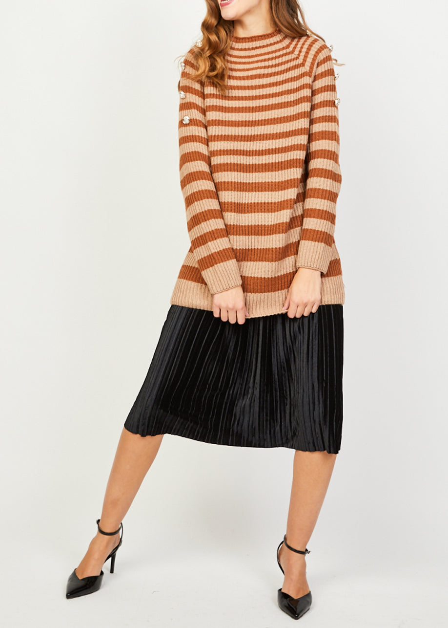 Jersey punto mujer, suéter rayas camel marrón, diseño botones hombro, manga larga, cuello redondo, talla única, estilo casual versátil, suave y cómodo ✅Entrega 24/48h