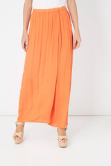Pantalón largo mujer, palazzo, efecto doble prenda, cintura elástica, bolsillos delanteros, estilo casual, cómodo, versátil, tejido fluido, color naranja, talla L, ideal verano ✅Entrega 24/48h