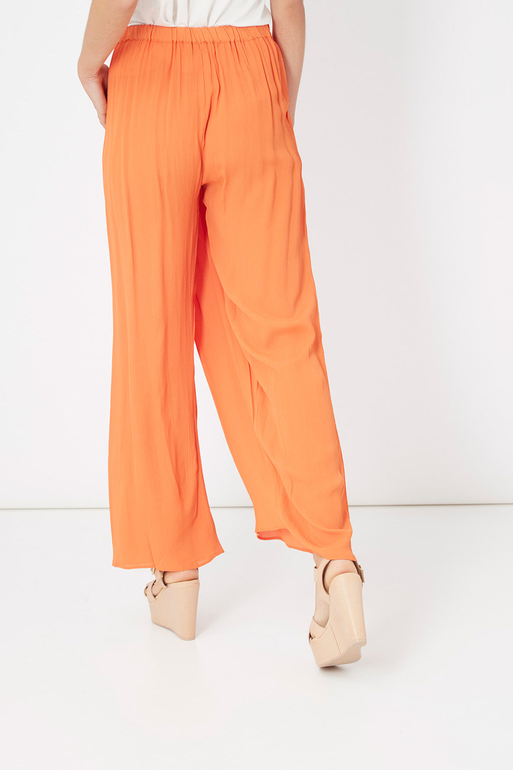 Pantalón largo mujer, palazzo, efecto doble prenda, cintura elástica, bolsillos delanteros, estilo casual, cómodo, versátil, tejido fluido, color naranja, talla L, ideal verano ✅Entrega 24/48h
