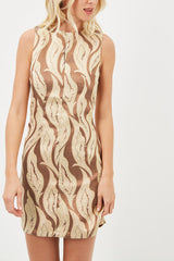 Vestido mini mujer, dress outfit Sense R6-15733, diseño estampado hojas textura, sin mangas, hilo metalizado, cuello redondo, cierre invisible, cómodo, versátil, elegante, beige, tallas M/L ✅Entrega 24/48h